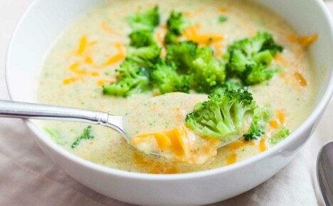 Zuppa di broccoli con formaggio vegano e mangiatore di carne