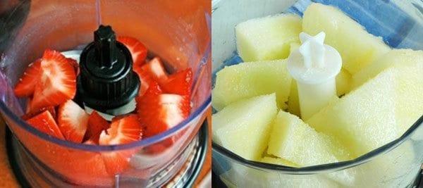nakrájajte jahody a melóny v mixéri